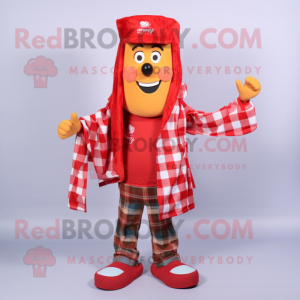 Red French Fries mascot costume character dressed with a Flannel Shirt and Scarf clips