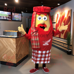 Red French Fries mascot costume character dressed with a Flannel Shirt and Scarf clips