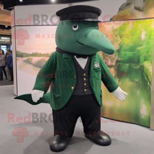 Forest Green Humpback Whale mascot costume character dressed with a Dress Pants and Berets