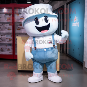 White Candy Box mascot costume character dressed with a Denim Shorts and Caps