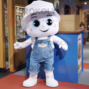 White Candy Box mascot costume character dressed with a Denim Shorts and Caps