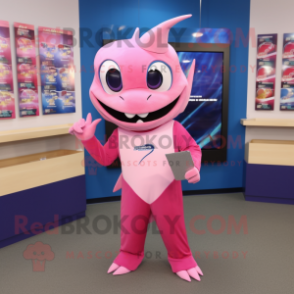 Pink Swordfish mascot costume character dressed with a V-Neck Tee and Wallets