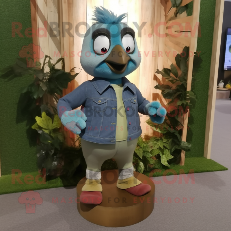 Olive Dove mascot costume character dressed with a Denim Shirt and Foot pads