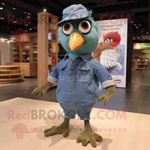 Olive Dove mascot costume character dressed with a Denim Shirt and Foot pads