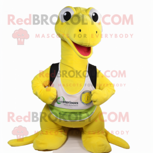 Lemon Yellow Loch Ness Monster mascot costume character dressed with a Vest and Earrings