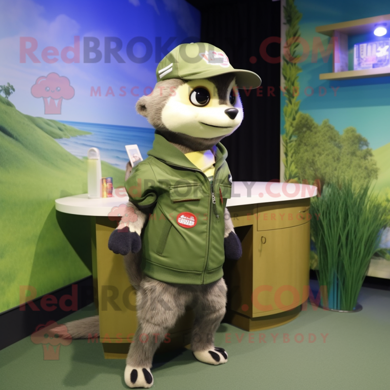 Olive Ferret mascot costume character dressed with a Sweatshirt and Hat pins