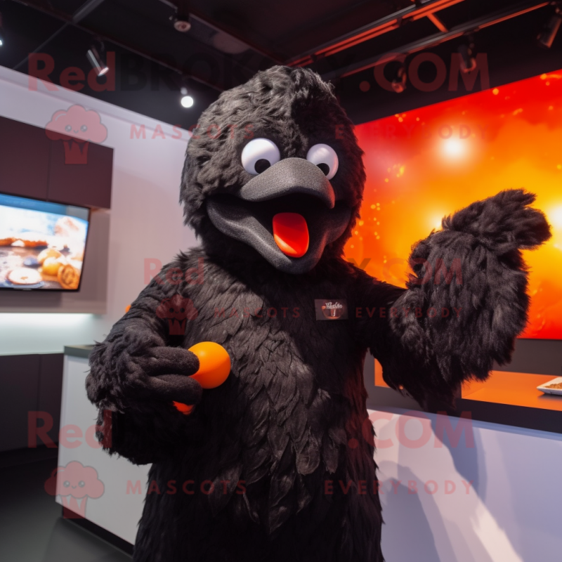 Black Fried Chicken mascot costume character dressed with a Jumpsuit and Mittens