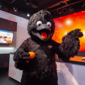 Black Fried Chicken mascot costume character dressed with a Jumpsuit and Mittens