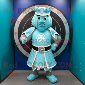 Cyan Celtic Shield mascot costume character dressed with a Circle Skirt and Cufflinks