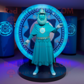 Cyan Celtic Shield mascot costume character dressed with a Circle Skirt and Cufflinks