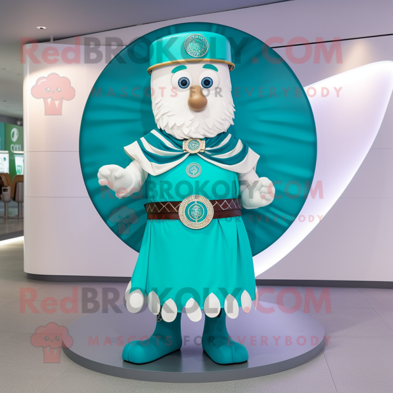 Cyan Celtic Shield mascot costume character dressed with a Circle Skirt and Cufflinks