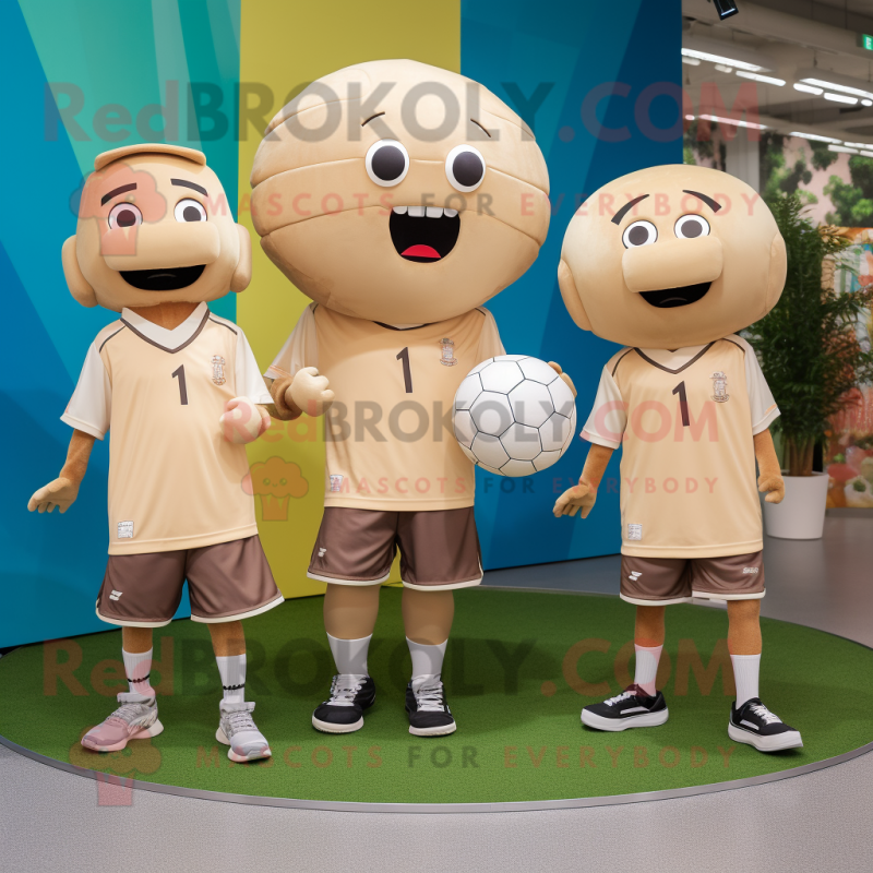 Tan Soccer Ball mascot costume character dressed with a Running Shorts and Clutch bags