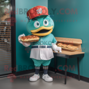 Teal Pulled Pork Sandwich mascot costume character dressed with a Baseball Tee and Wallets