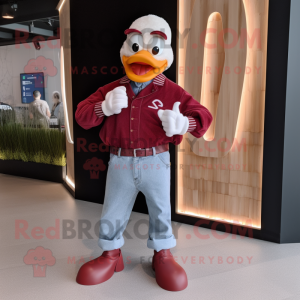 Maroon Swans mascot costume character dressed with a Boyfriend Jeans and Smartwatches