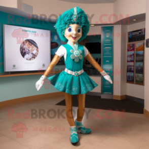 Teal Irish Dancer mascot costume character dressed with a Bikini and Tie pins