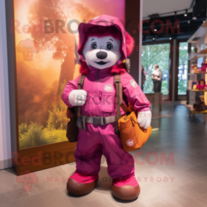 Magenta Fire Fighter mascot costume character dressed with a Parka and Messenger bags