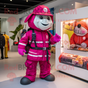 Magenta Fire Fighter mascot costume character dressed with a Parka and Messenger bags