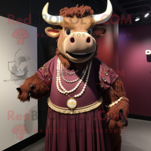 Maroon Beef Stroganoff mascot costume character dressed with a Empire Waist Dress and Necklaces