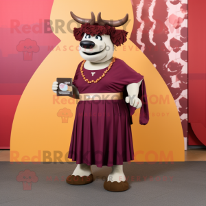 Maroon Beef Stroganoff mascot costume character dressed with a Empire Waist Dress and Necklaces