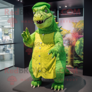 Lime Green Ankylosaurus mascot costume character dressed with a Cover-up and Hat pins