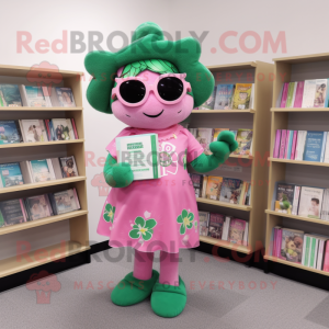 Pink Bunch Of Shamrocks mascot costume character dressed with a One-Piece Swimsuit and Reading glasses