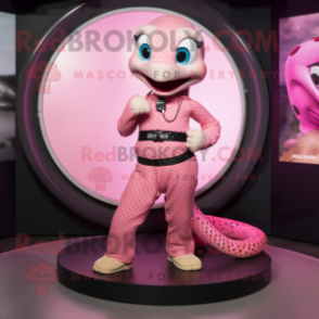 Pink Anaconda mascot costume character dressed with a Circle Skirt and Smartwatches