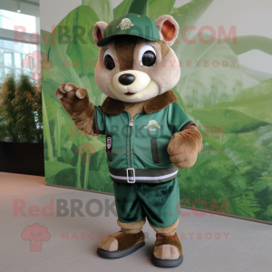 Forest Green Flying Squirrel mascot costume character dressed with a Baseball Tee and Digital watches