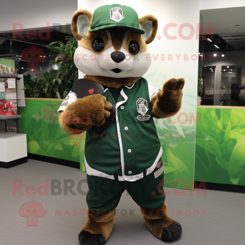 Forest Green Flying Squirrel mascot costume character dressed with a Baseball Tee and Digital watches