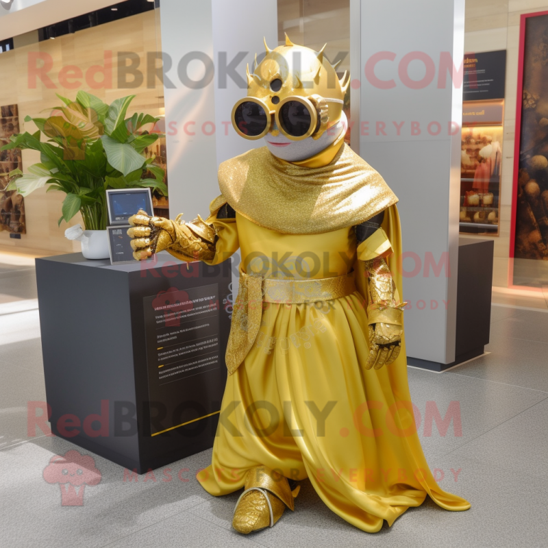 Gold Medieval Knight mascot costume character dressed with a Maxi Skirt and Sunglasses