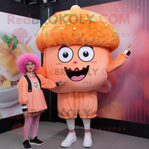Peach Hamburger mascot costume character dressed with a Jacket and Hair clips