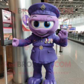 Purple Air Force Soldier mascot costume character dressed with a Pencil Skirt and Bracelet watches