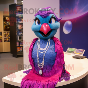 Magenta Blue Jay mascot costume character dressed with a Pencil Skirt and Necklaces