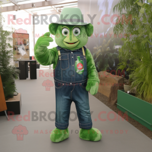 Forest Green Green Beer mascot costume character dressed with a Denim Shirt and Foot pads