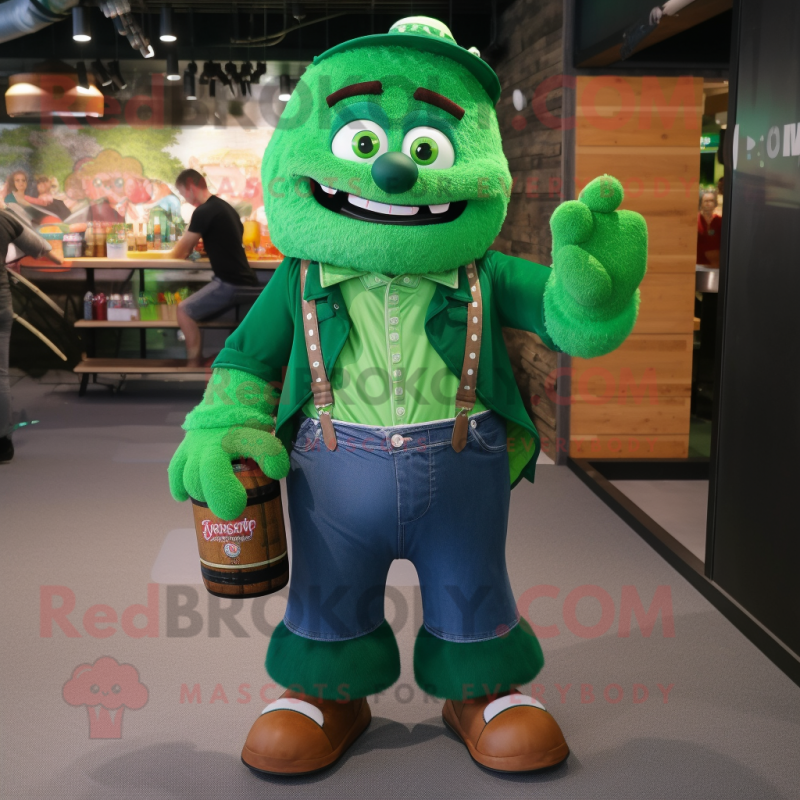 Forest Green Green Beer mascot costume character dressed with a Denim Shirt and Foot pads