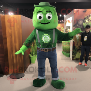 Forest Green Green Beer mascot costume character dressed with a Denim Shirt and Foot pads