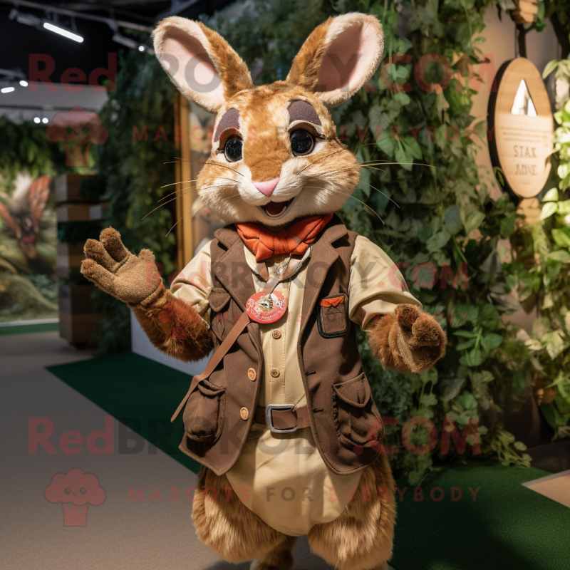 Tan Wild Rabbit mascot costume character dressed with a Waistcoat and Rings