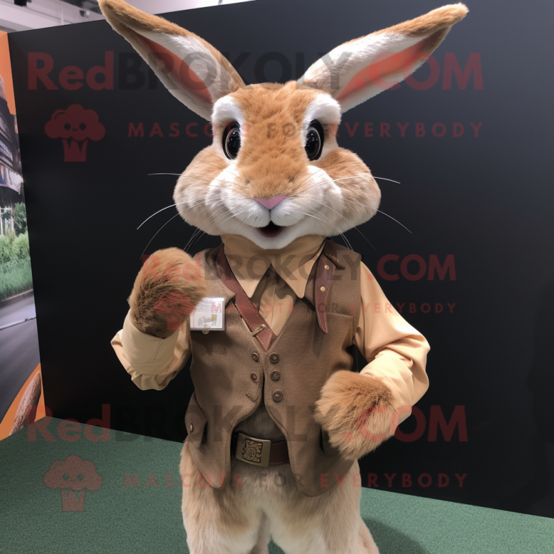 Tan Wild Rabbit mascot costume character dressed with a Waistcoat and Rings