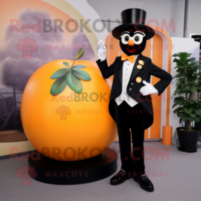 Peach Mandarin mascot costume character dressed with a Tuxedo and Rings