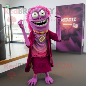 Magenta Zombie mascot costume character dressed with a Dress Pants and Shawl pins