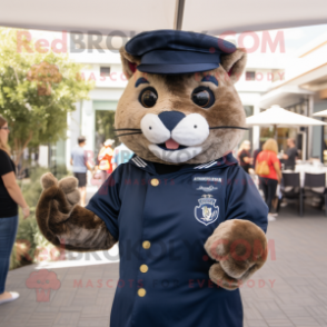Navy Jaguarundi mascot costume character dressed with a Polo Tee and Mittens