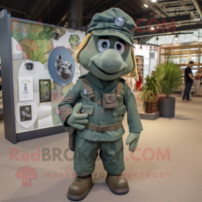 Silver Green Beret mascot costume character dressed with a Dungarees and Necklaces