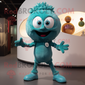 Teal Meatballs mascot costume character dressed with a Skinny Jeans and Brooches