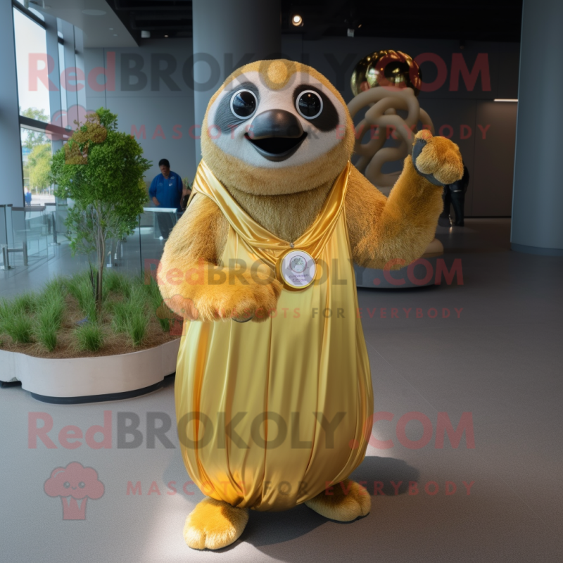 Gold Sloth mascot costume character dressed with a Ball Gown and Keychains