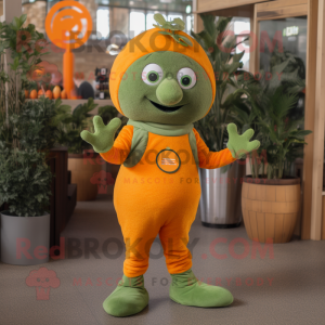 Olive Orange mascot costume character dressed with a Jumpsuit and Mittens