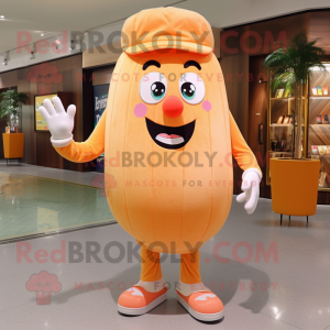 Peach French Fries mascot costume character dressed with a Henley Tee and Foot pads