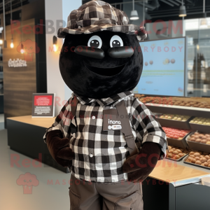 Black Chocolates mascot costume character dressed with a Flannel Shirt and Berets