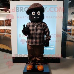 Black Chocolates mascot costume character dressed with a Flannel Shirt and Berets