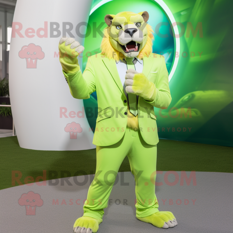 Lime Green Smilodon mascot costume character dressed with a Blazer and Rings