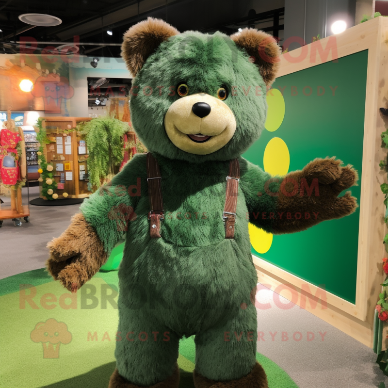 Green Bear mascot costume character dressed with a Corduroy Pants and Hair clips