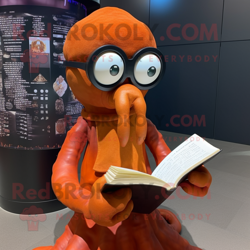 Rust Squid mascot costume character dressed with a Ball Gown and Reading glasses